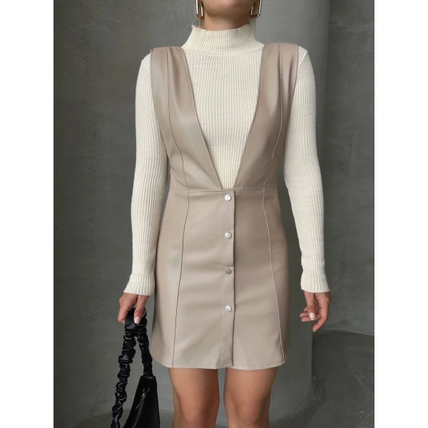 Deri jile elbise bej w24796