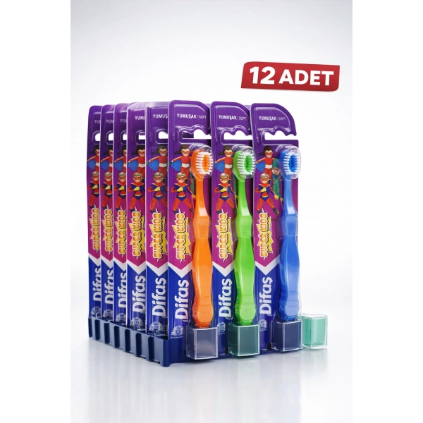 Difaş Kids Çocuk Diş Fırçası 12 Adet Standlı Yumuşak Kıllı Koruyucu Kapaklı Toplu Paket