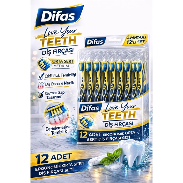 Difaş Love Your Teeth Diş Fırçası 12 Adet Standlı Orta Sert Medium Ergonomik Saplı Manuel Diş Fırçası Seti