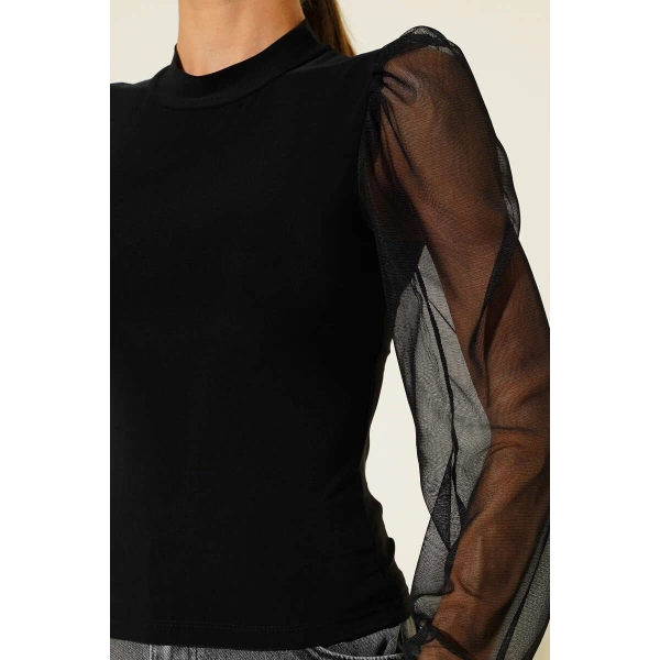 Dik yaka tül kollu bluz siyah t3066