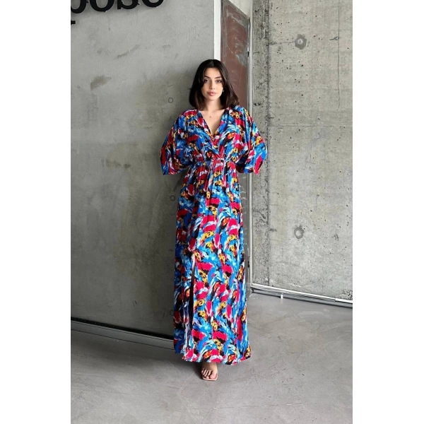 Dokuma baskılı yarasa kol elbise s8124