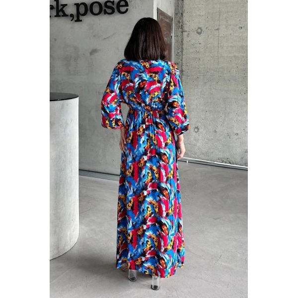 Dokuma baskılı yarasa kol elbise s8124