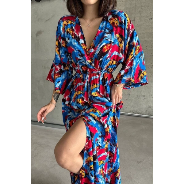 Dokuma baskılı yarasa kol elbise s8124