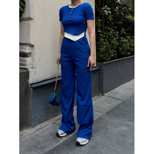 Düğme yakalı saks alt üst takım s3943