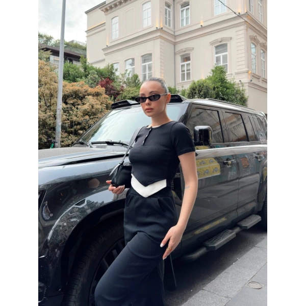 Düğme yakalı siyah alt üst takım s3943