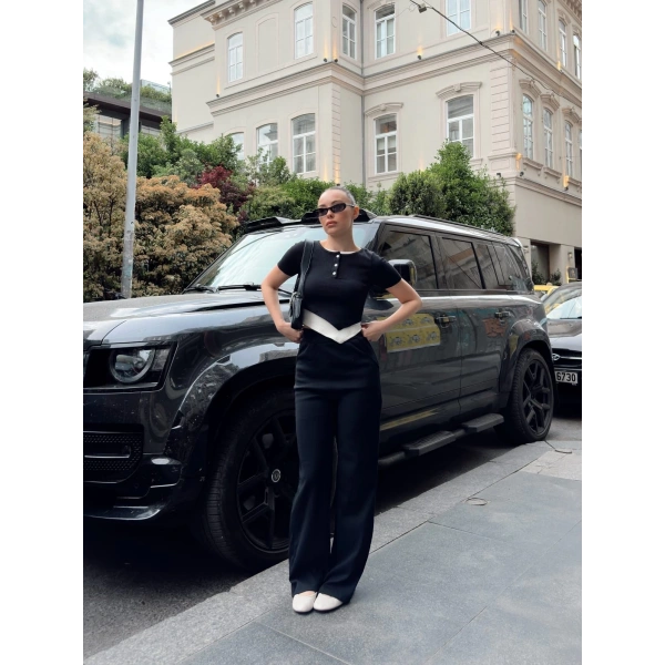 Düğme yakalı siyah alt üst takım s3943