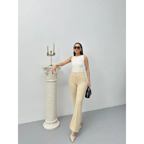 Düğmeli Palazzo pantolon bej p170091