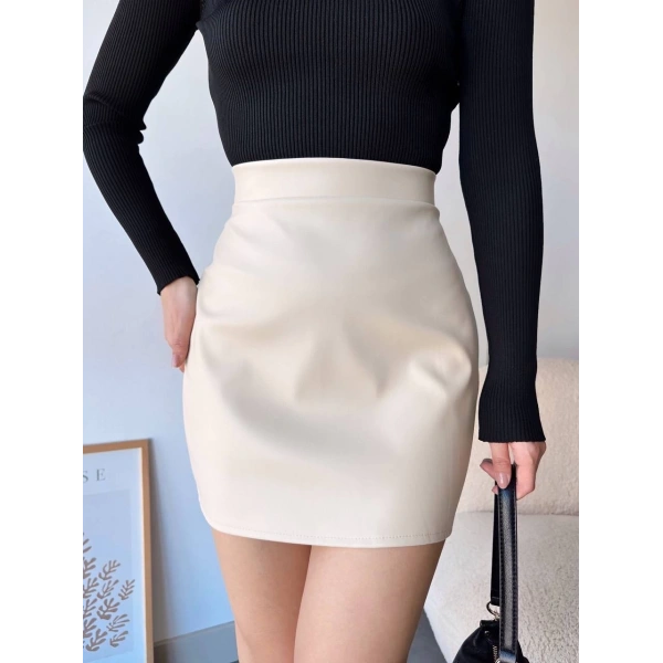 Düz deri etek bej h24468