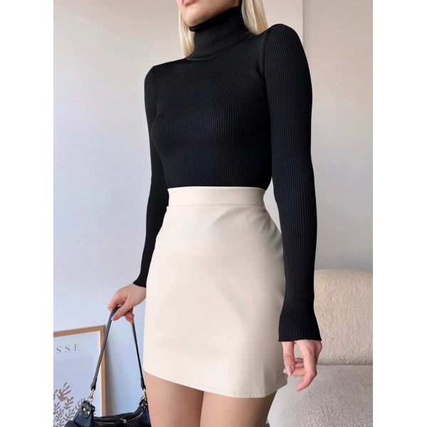 Düz deri etek bej h24468