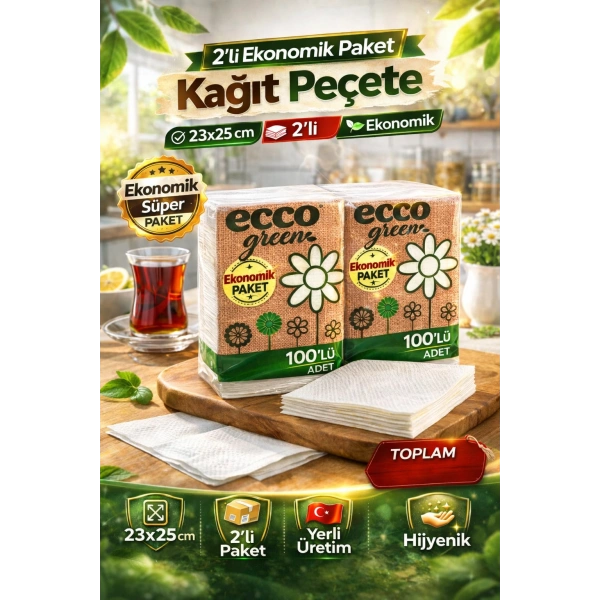 Ecco Green Kağıt Peçete 100’lü 2 Adet 23x25 cm Ekonomik Paket