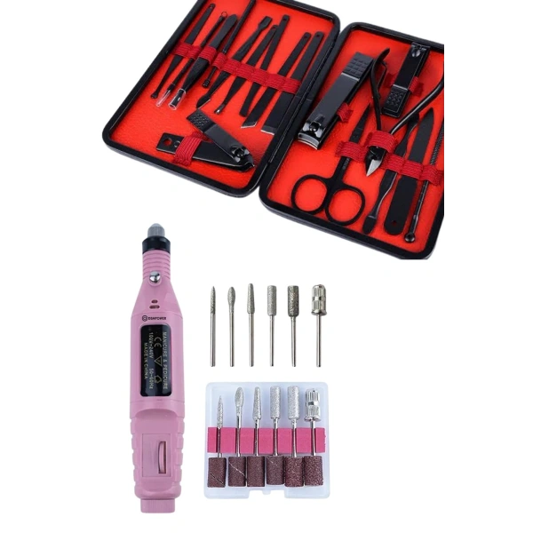 Elektrikli Manikür Pedikür Seti İkili Set 17 Parça Tırnak Bakımı Nasır Temizleme Tırnak Şekillendirme