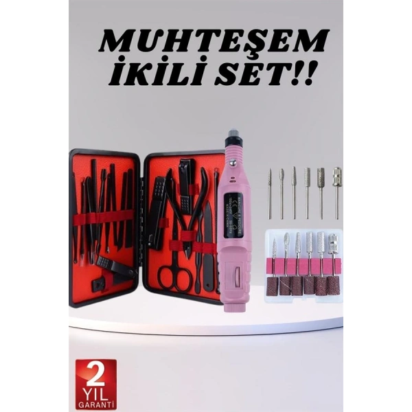 Elektrikli Manikür Pedikür Seti İkili Set 17 Parça Tırnak Bakımı Nasır Temizleme Tırnak Şekillendirme