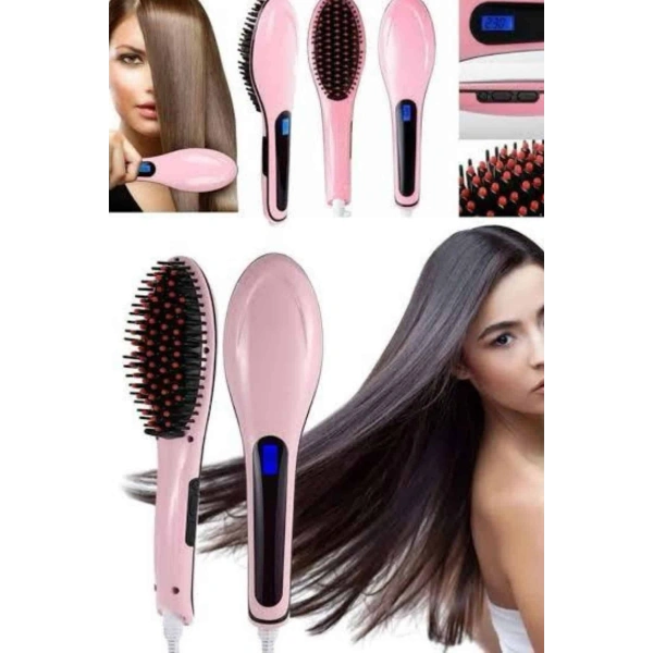Elektrikli Saç Düzleştirici Tarak Saç Düzleştirici Fırça Sıkı Dişli Pembe