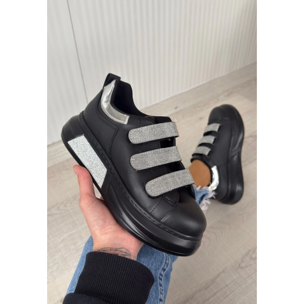 Elika Siyah Cilt Simli Cırt Cırtlı Spor Ayakkabı