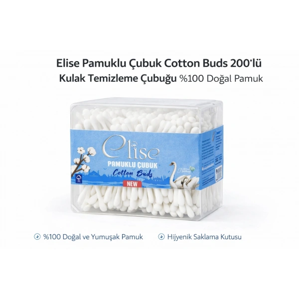 Elise Pamuklu Çubuk Cotton Buds 200’lü Kulak Temizleme Çubuğu Doğal Pamuk 1 Paket