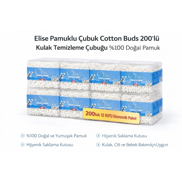 Elise Pamuklu Çubuk Cotton Buds 200’lü Kulak Temizleme Çubuğu Doğal Pamuk 12 Paket