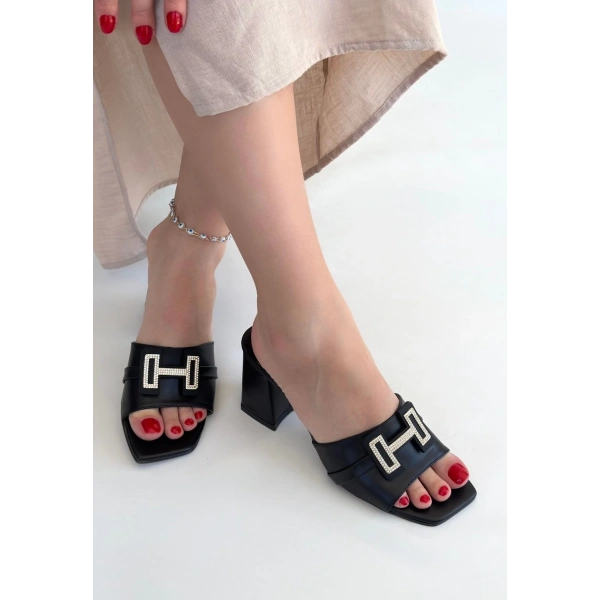 Erew Siyah Cilt Topuklu Terlik