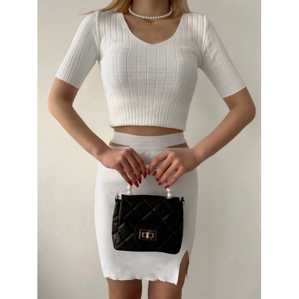 Etekli triko takım beyaz t23107