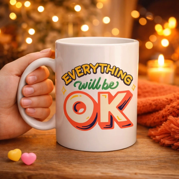 Everything Will Be OK Yazılı Porselen Kupa MODEL 143 – HERŞEY YOLUNA GİRECEK Motivasyonel Tasarım, Sıcacık Hediye Kupası, Kahve & Çay Kupası