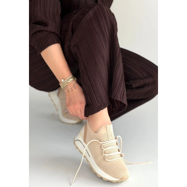 Feort Bej Triko Bağcıklı Spor Ayakkabı