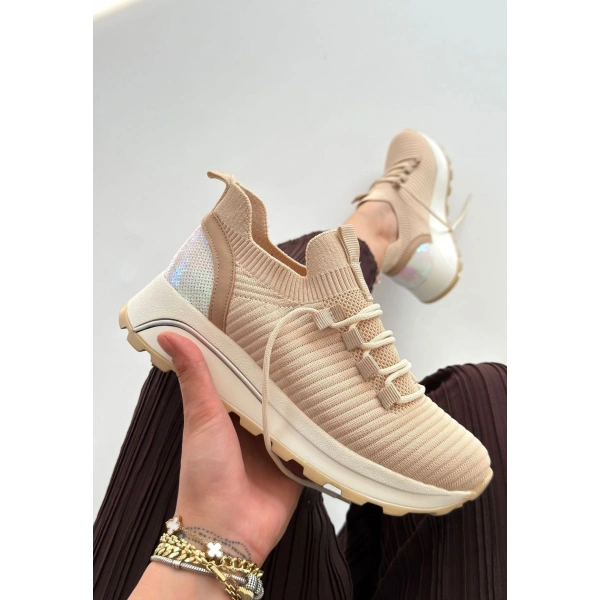 Feort Bej Triko Bağcıklı Spor Ayakkabı