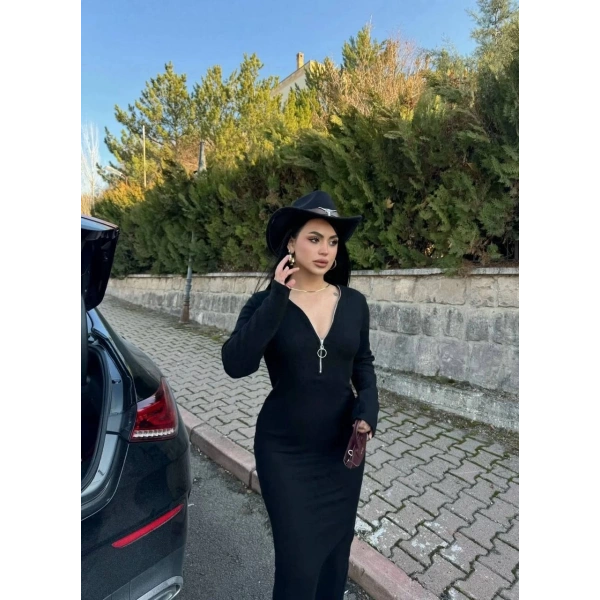 Fermuar detaylı fitilli şardonlu elbise siyah a3178