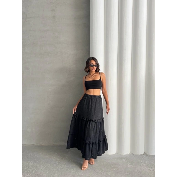 Fırfırlı brodeli astarlı uzun etek siyah s255047