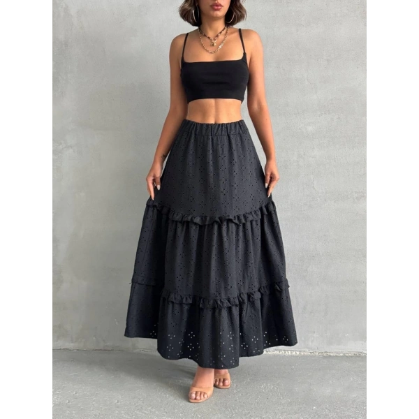 Fırfırlı brodeli astarlı uzun etek siyah s255047