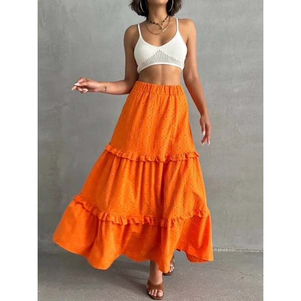 Fırfırlı brodeli astarlı uzun etek turuncu s255047