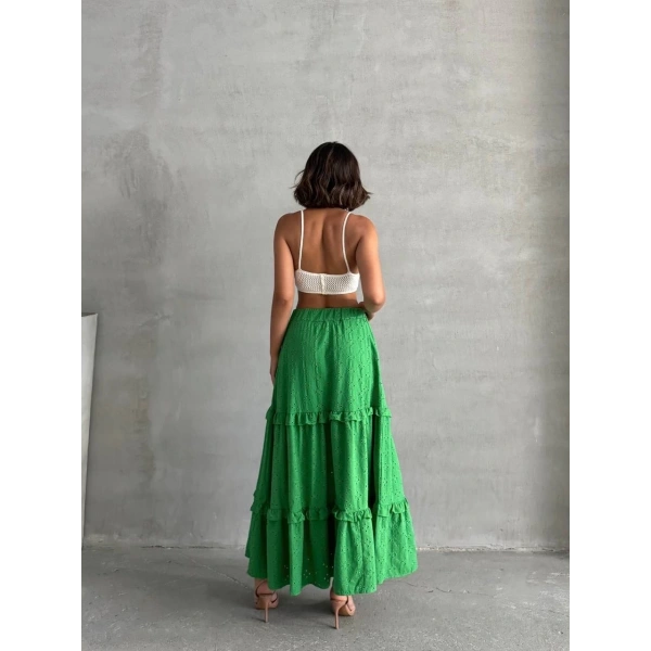 Fırfırlı brodeli astarlı uzun etek yeşil s255047