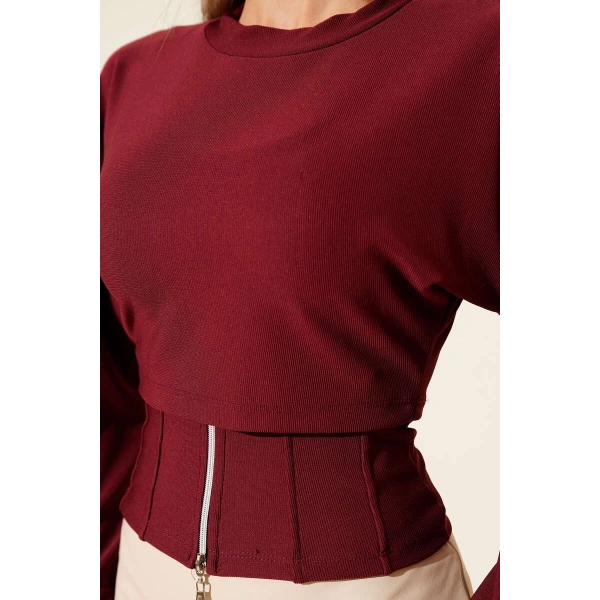 Fitilli Bisiklet Yaka İkili Bluz bordo T4341