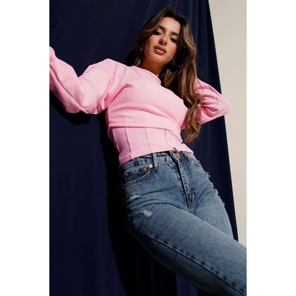 Fitilli Bisiklet Yaka İkili Bluz Pembe T4341