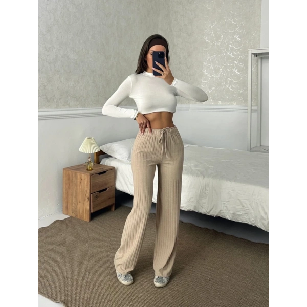 Fitilli şardonlu pantolon bej a4058