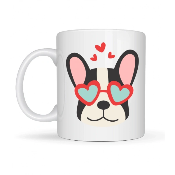 French Bulldog Desenli Kalpli Gözlüklü Porselen Kupa Model 50 – Sevimli Köpek Tasarımlı Kahve Kupası