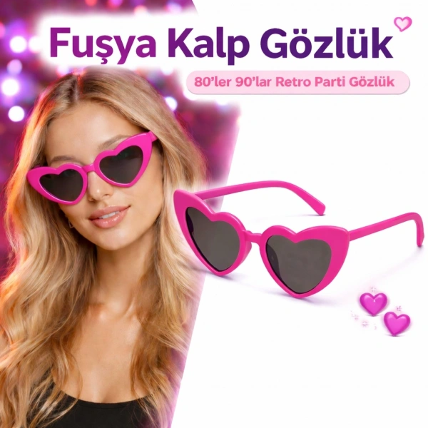 Fuşya Pembe Retro Kalp Gözlük – 80’ler 90’lar Stil Parti Gözlüğü