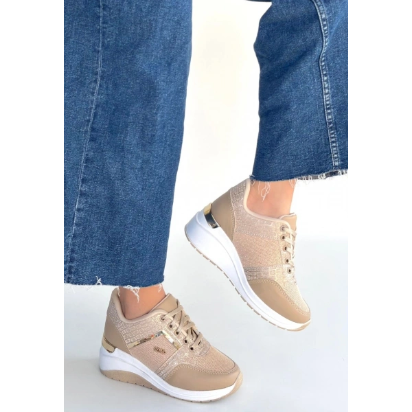 Geja Bej Cilt Bağcıklı Spor Ayakkabı