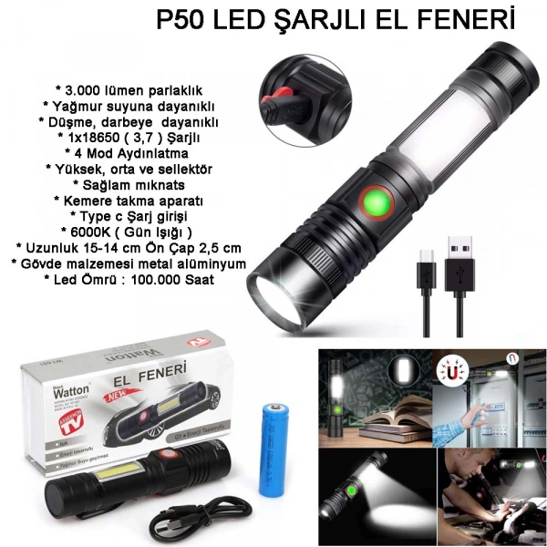 Geniş Açılı P50 Led Şarjlı EL Feneri Watton Wt-601