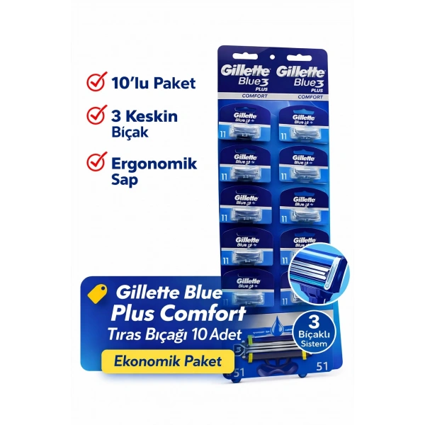 Gillette Blue 3 Plus Comfort Tıraş Bıçağı 10 Adet – 3 Bıçaklı Ergonomik Saplı Erkek Tıraş Bıçağı Seti