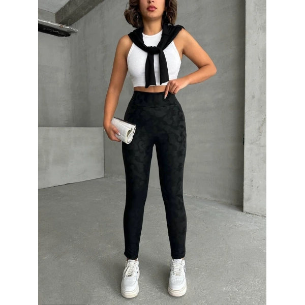 Gizli yan fermuarlı bulut desenli tayt siyah h248638