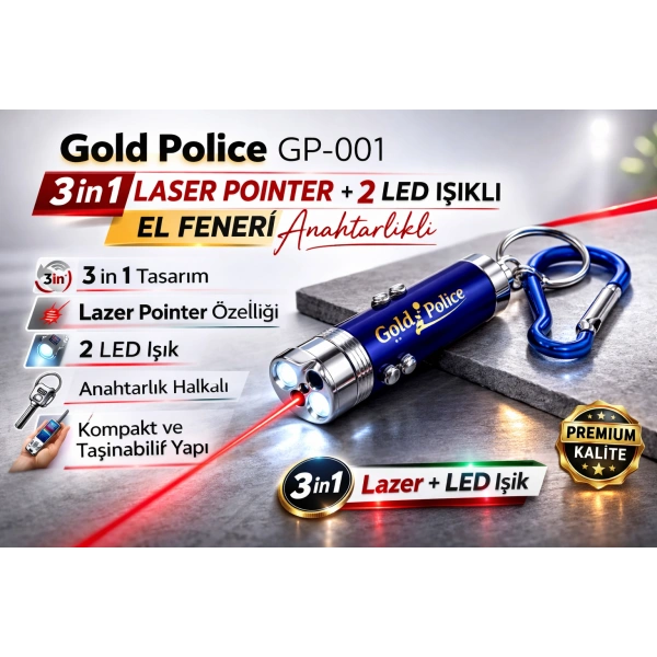 Gold Police GP-001 3 in 1 Laser Pointer + 2 LED Işıklı El Feneri Anahtarlıklı 1 Adet