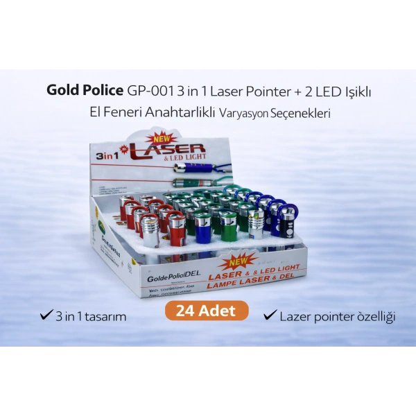 Gold Police GP-001 3 in 1 Laser Pointer + 2 LED Işıklı El Feneri Anahtarlıklı 24 Adet