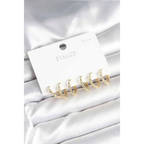 Gold Renk Burgu Halka Model 925 Ayar Gümüş Çivili Pirinç Küpe Seti