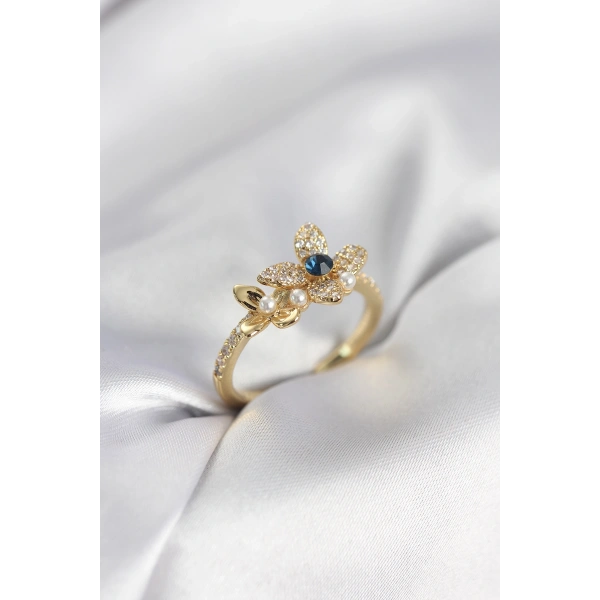Gold Renk Çiçek Model Zirkon Taşlı Kadın Yüzük