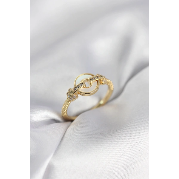 Gold Renk Daire Form Sedef ve Zirkon Taşlı Kadın Yüzük