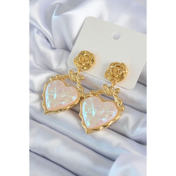 Gold Renk Gül Sallantı Kalp Model Pirinç VİP Kadın Küpe