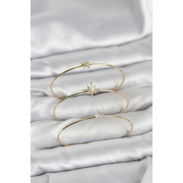 Gold Renk Kutup Yıldızı Model Zirkon Taşlı 3lü Kadın Bileklik Kombini