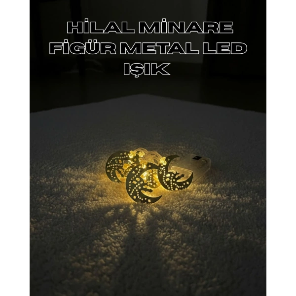 Gold Renk Metal Minareli Hilal LED Işık Pilli Ramazan Süsü