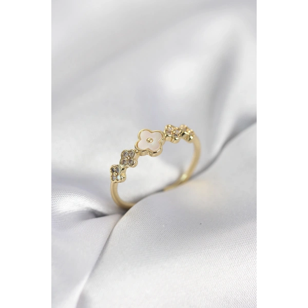 Gold Renk Minimal Yonca ve Zirkon Taşlı Kadın Yüzük