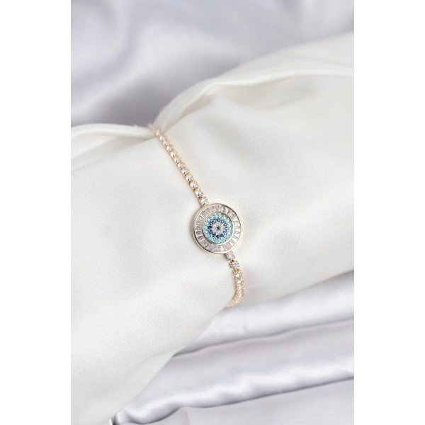 Gold Renk Nazar Model Zirkon Taşlı Asansörlü Su Yolu Bileklik