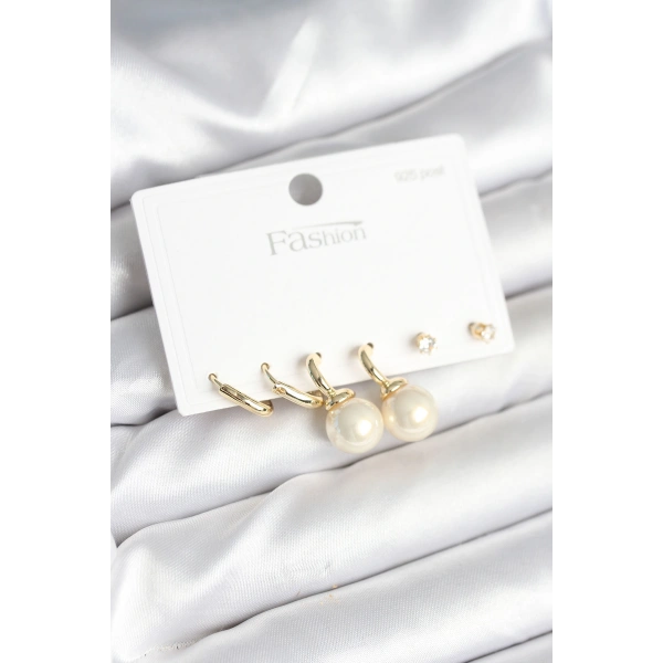 Gold Renk Pirinç 925 Ayar Gümüş Çivili Kadın Küpe Seti